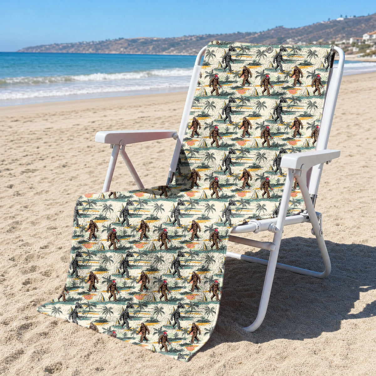 Bigfoot Sasquatch Tropical Discovery Journey Full-Size Towel & Car Seat Cover - On a Beach Chair