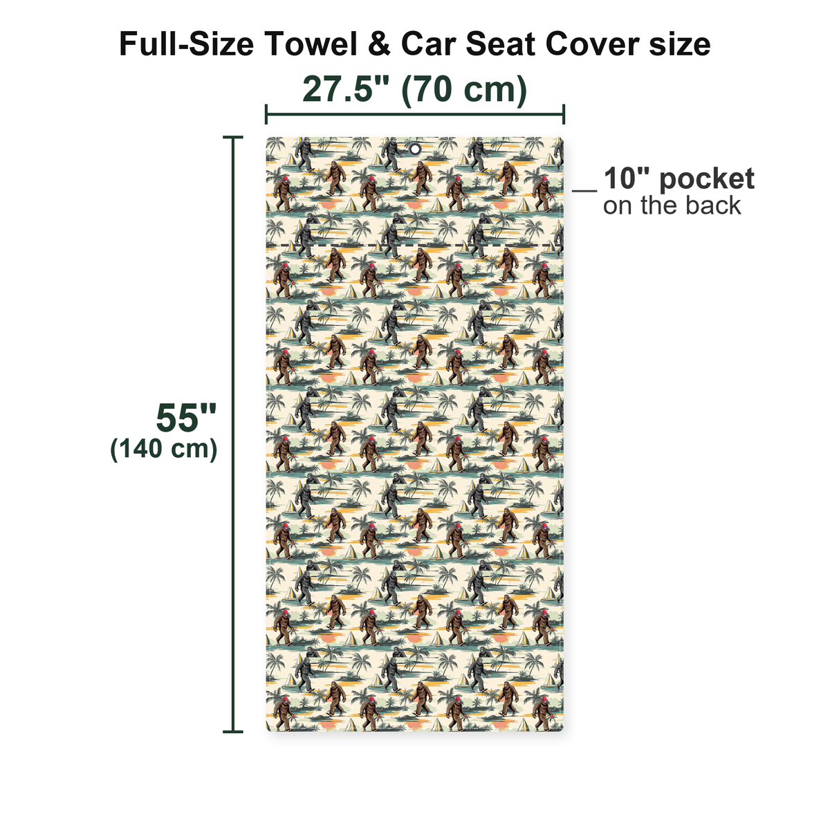 Bigfoot Sasquatch Tropical Discovery Journey Full-Size Towel & Car Seat Cover - Size Chart