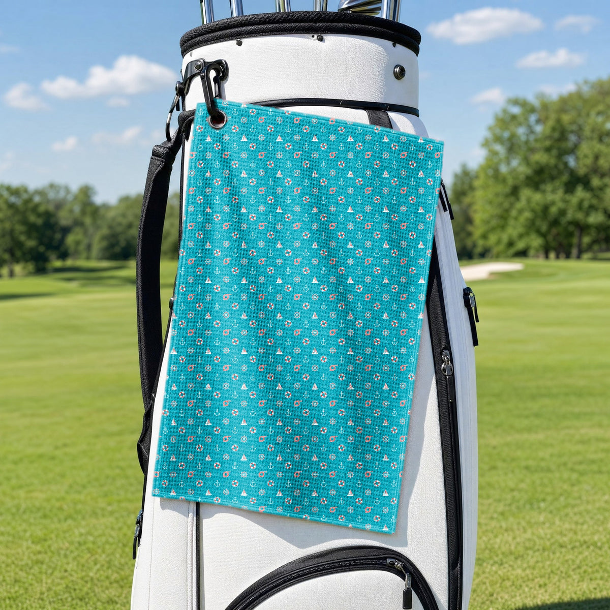 Boats and Hoes Golf Towel - Hanging on a Golf Bag