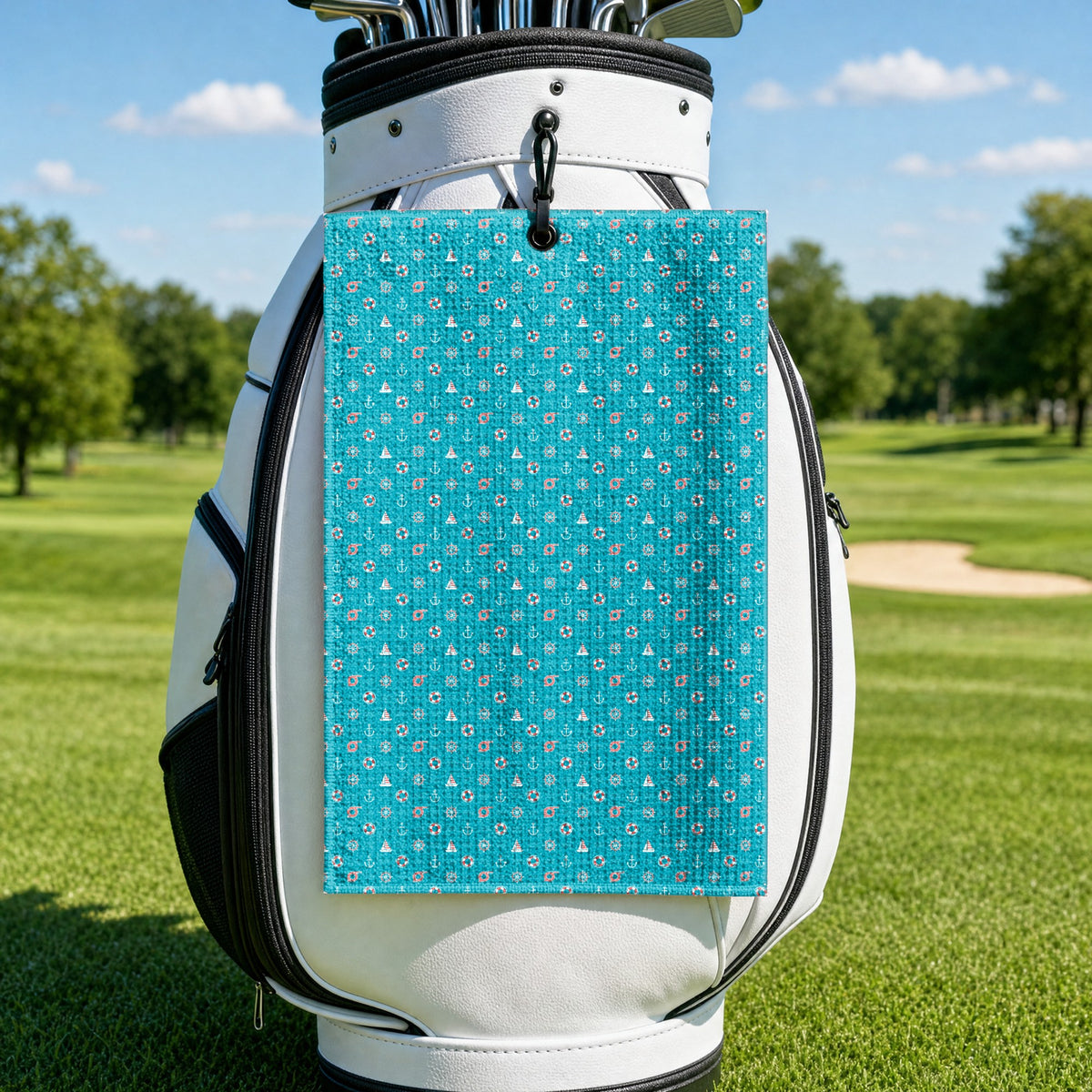 Boats and Hoes Golf Towel - Hanging on a Golf Bag