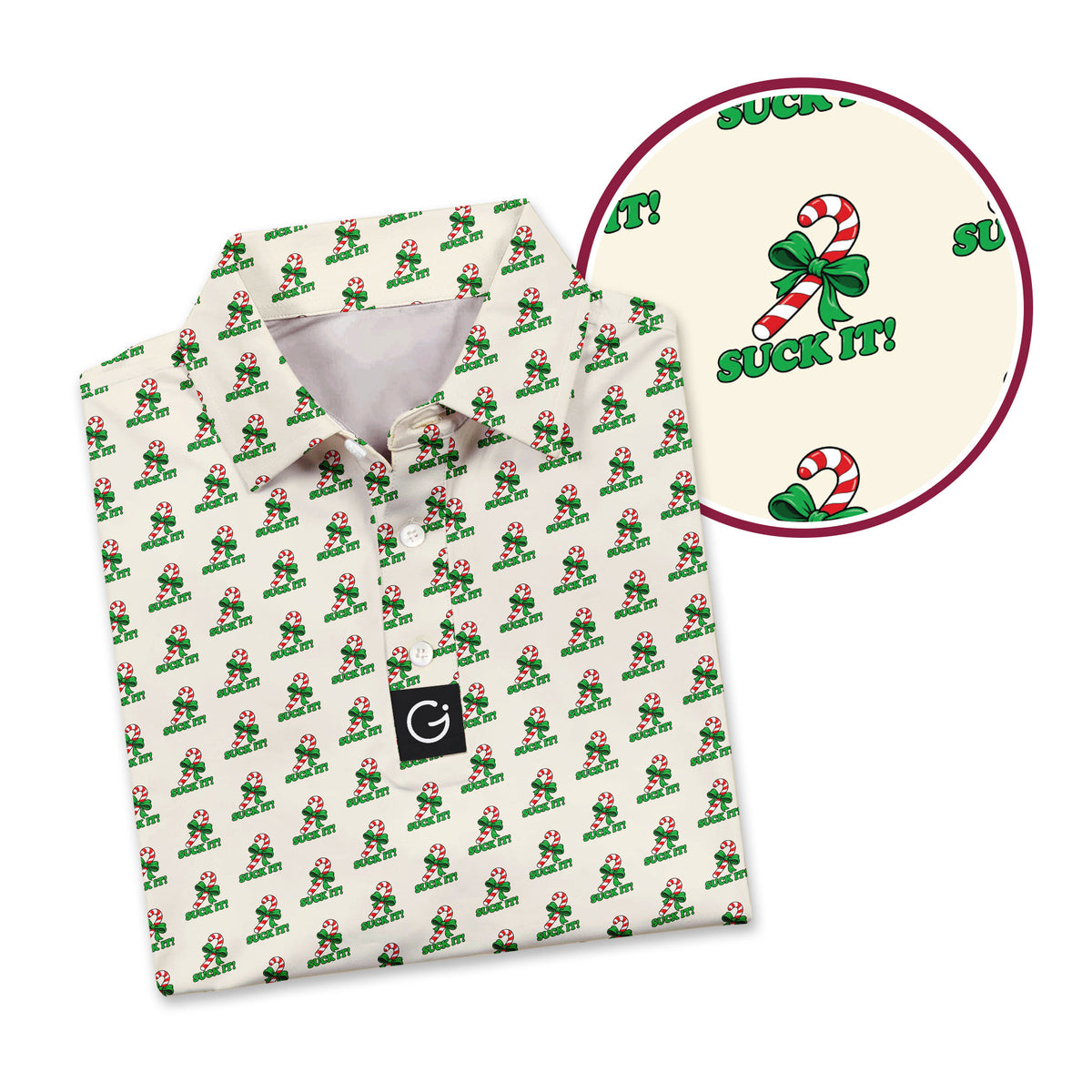 Candy Cane “SUCK IT!” Polo Shirt For Men - Detail Close-up