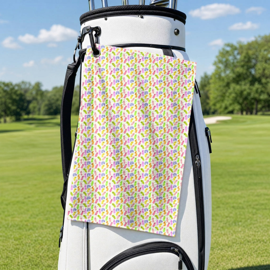 Cute Raincoat Golf Towel - Hanging on a Golf Bag
