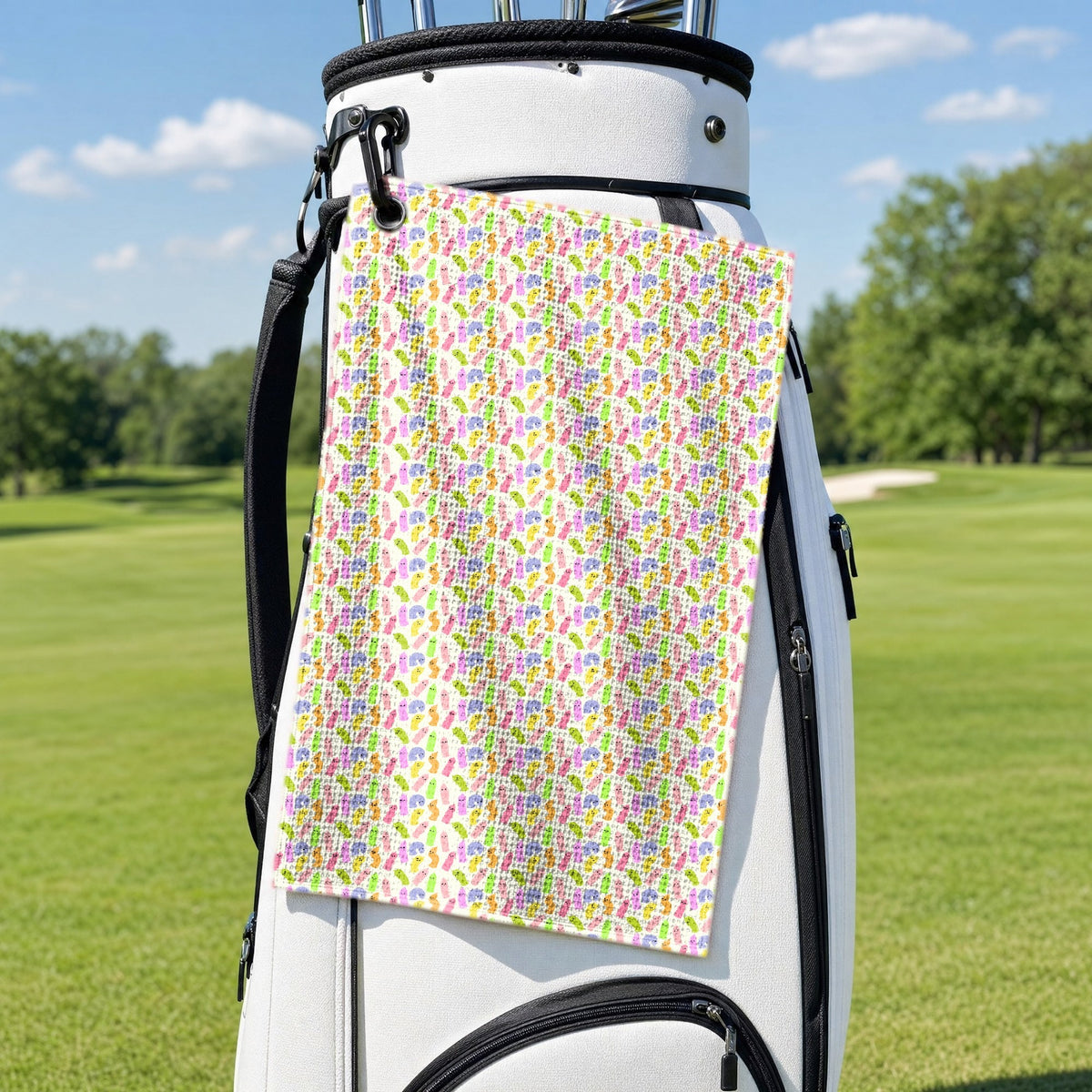 Cute Raincoat Golf Towel - Hanging on a Golf Bag