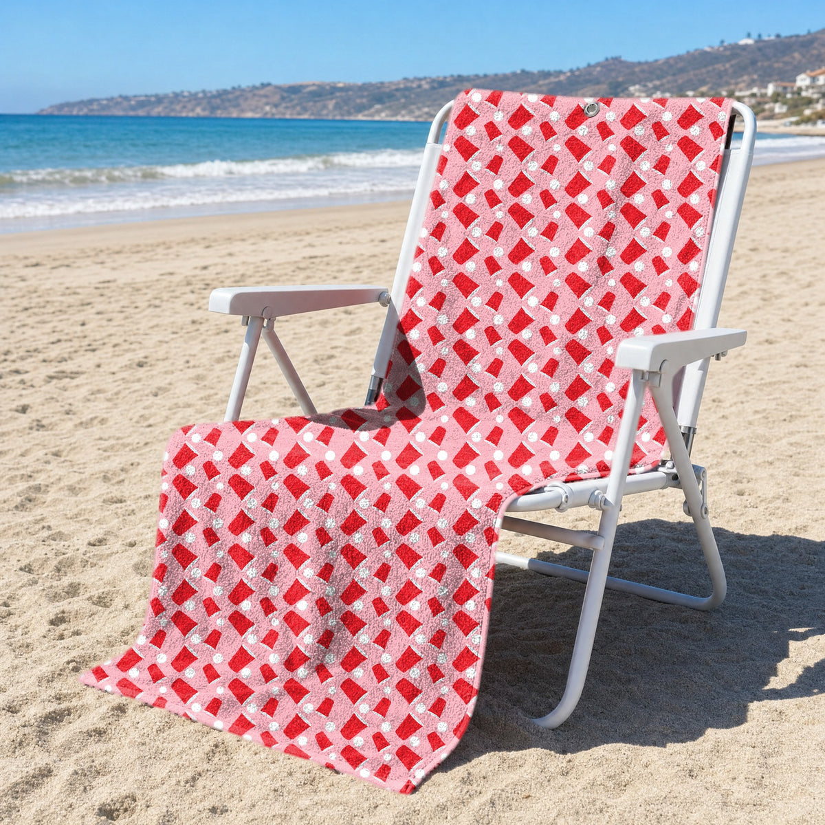 Drinkers Cup Red Solo Cup Full-Size Towel & Car Seat Cover - On a Beach Chair