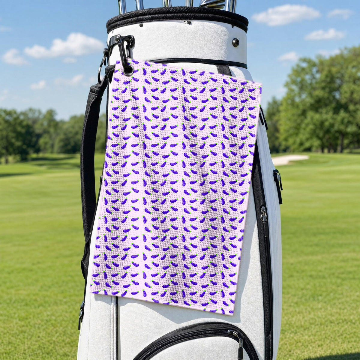 Eggplant Golf Towel - Hanging on a Golf Bag