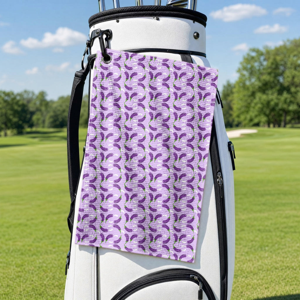 Eggplant Is Filled With Milk Golf Towel - Hanging on a Golf Bag