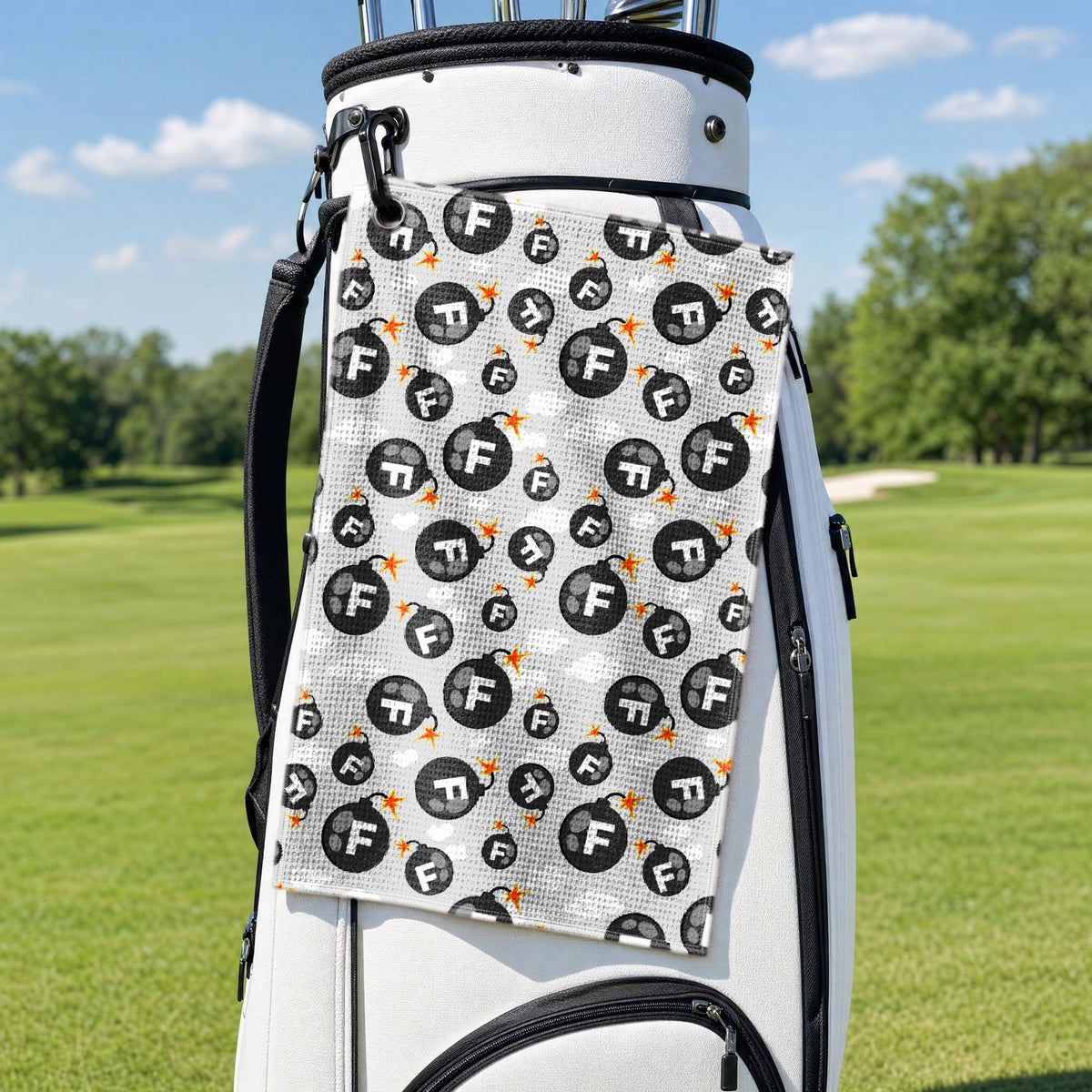 F Bombs Away Golf Towel - Hanging on a Golf Bag