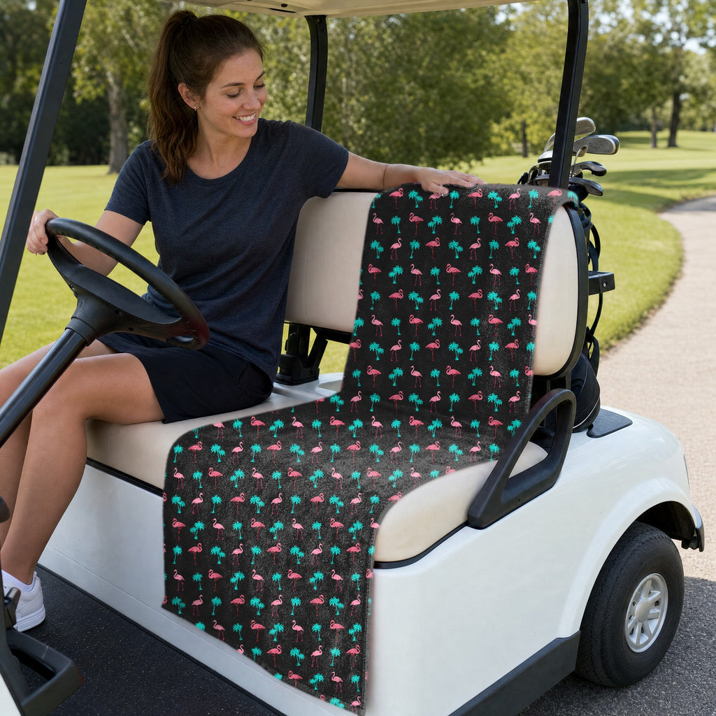 Flamingo Full-Size Towel & Car Seat Cover - On a Golf Cart Seat