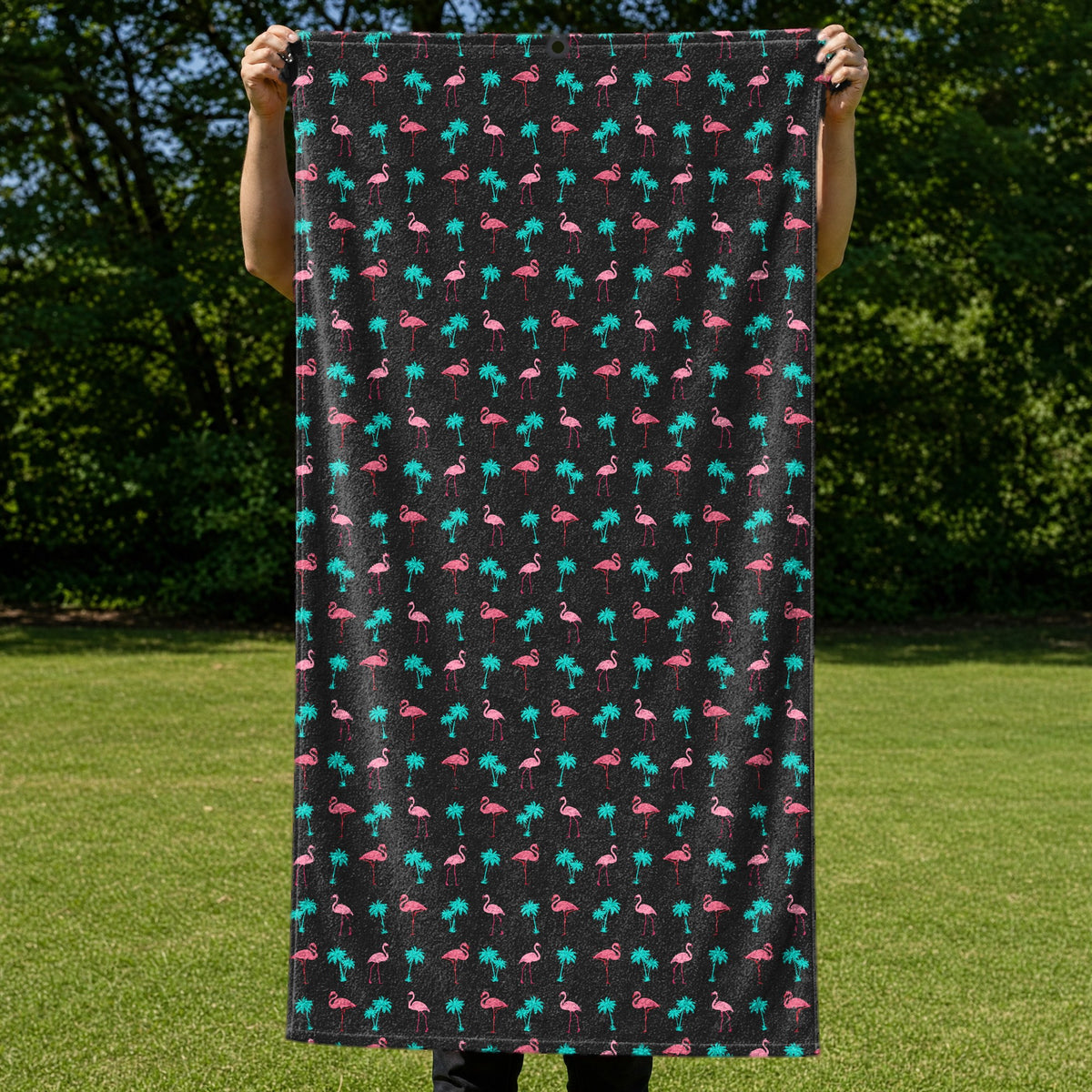 Flamingo Full-Size Towel & Car Seat Cover - Held Open
