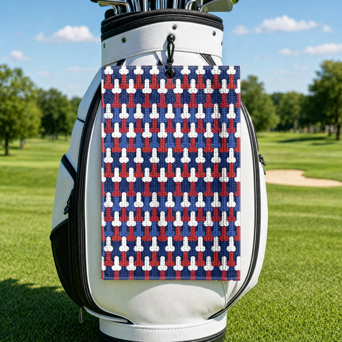 Frank and Beans Funny American Golf Towel - Hanging on a Golf Bag