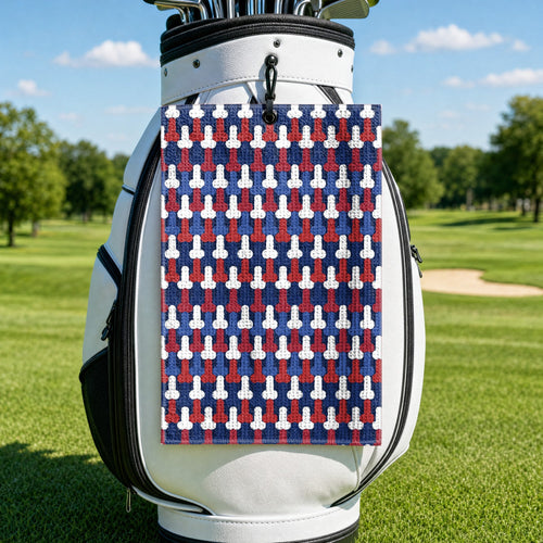 Frank and Beans Funny American Golf Towel - Hanging on a Golf Bag