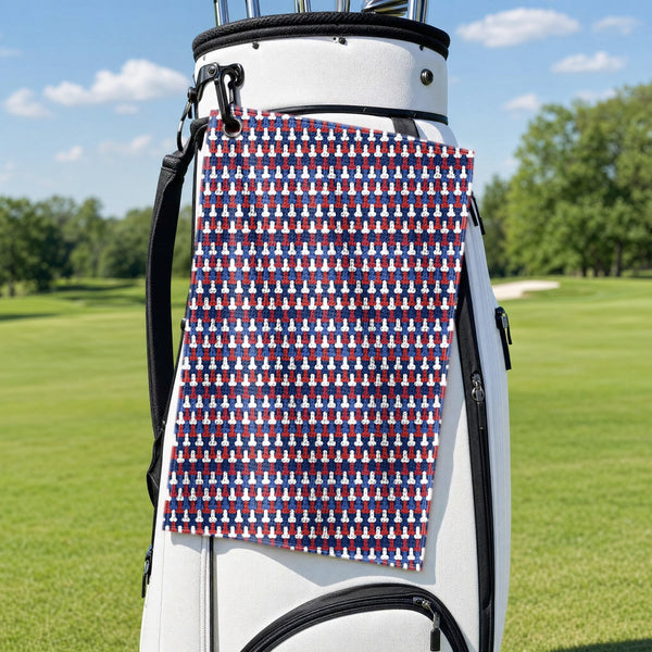 Frank and Beans Funny American Golf Towel - Hanging on a Golf Bag