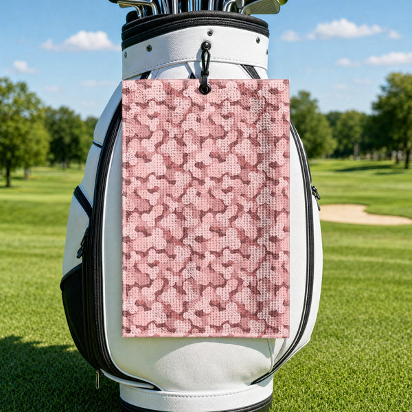 Frank and Beans Pink Golf Towel - Hanging on a Golf Bag