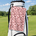 Frank and Beans Pink Golf Towel - Hanging on a Golf Bag