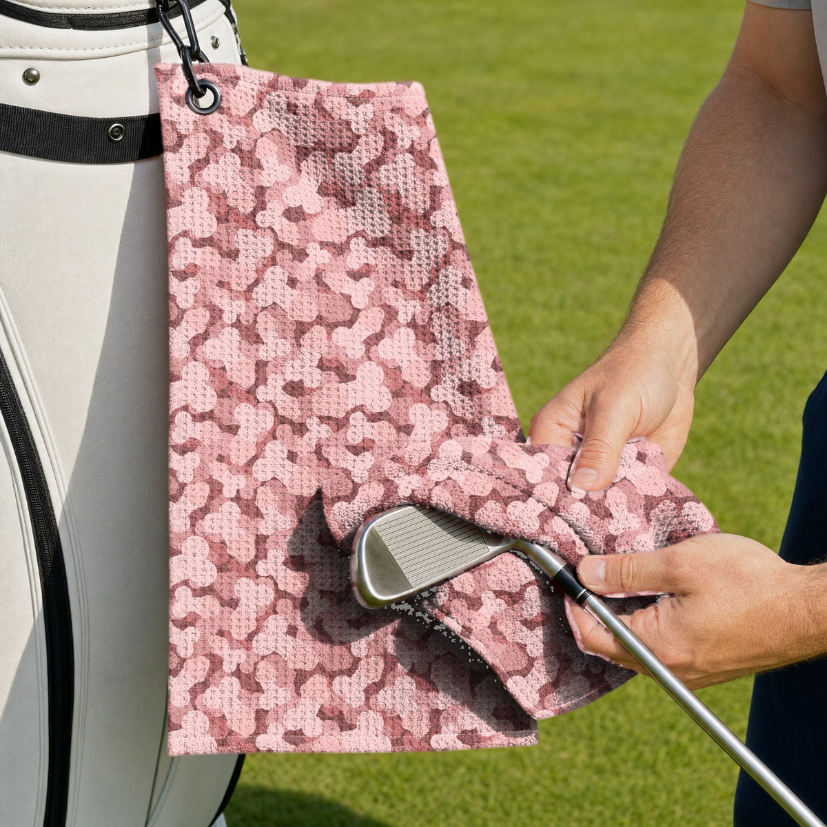 Frank and Beans Pink Golf Towel - Cleaning a Club