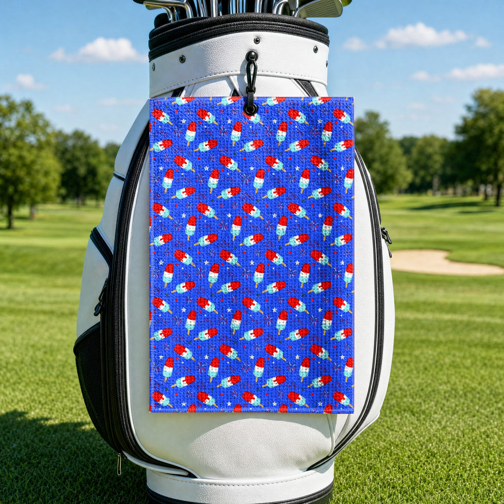 Freedom Pops Golf Towel - Hanging on a Golf Bag