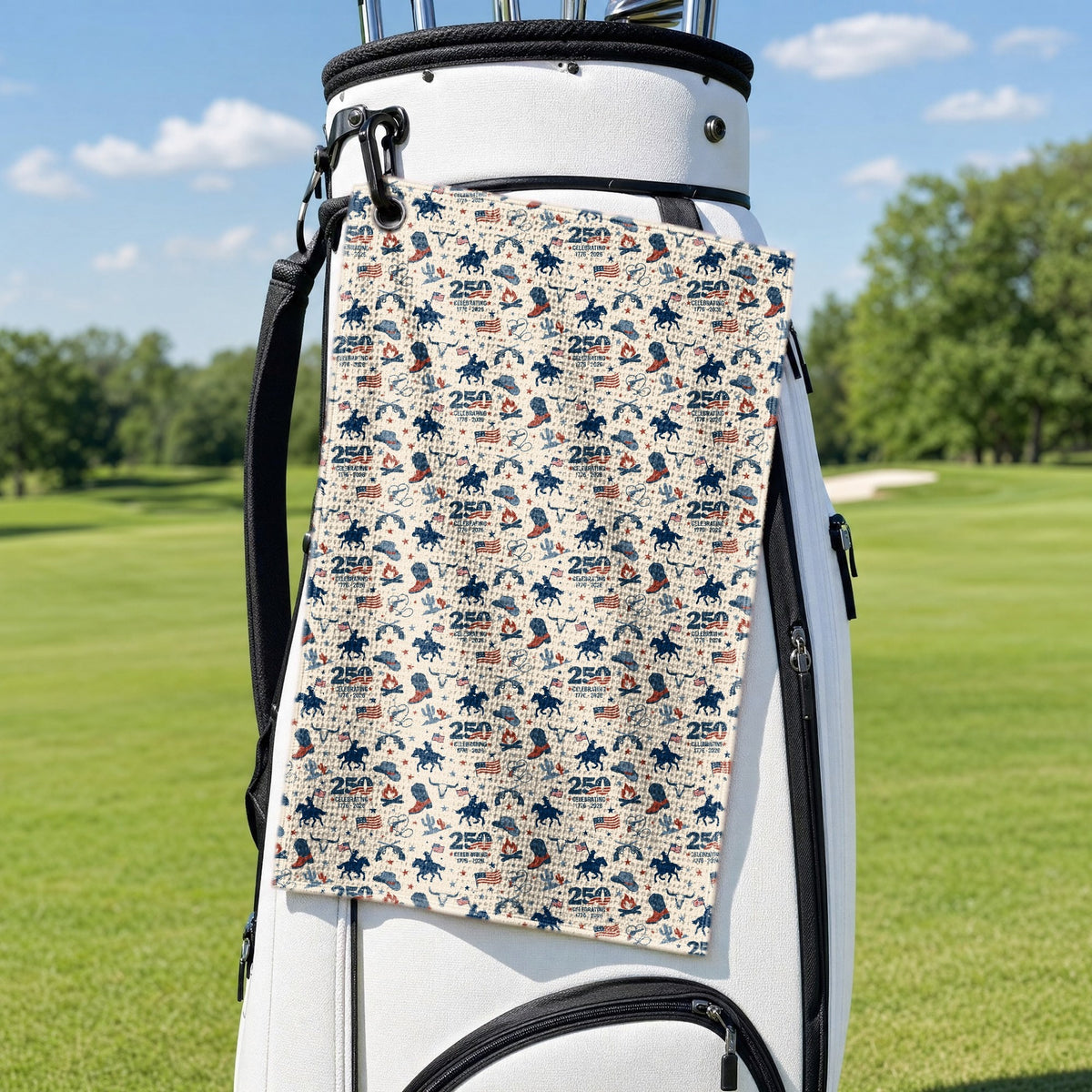 Frontier 250 Golf Towel - Hanging on a Golf Bag