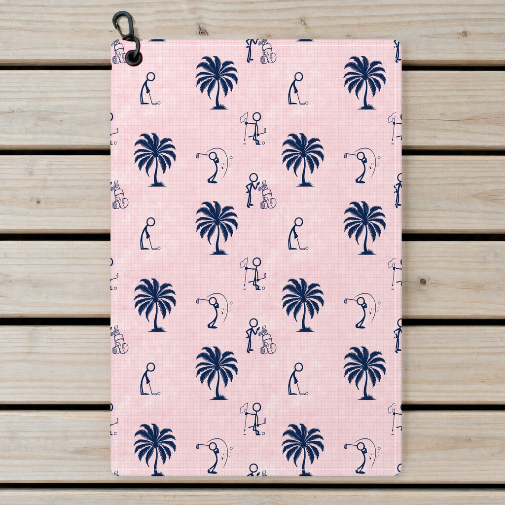 Funny Golf Stick Figures Pink Palm Tree Golf Towel - Laid Flat