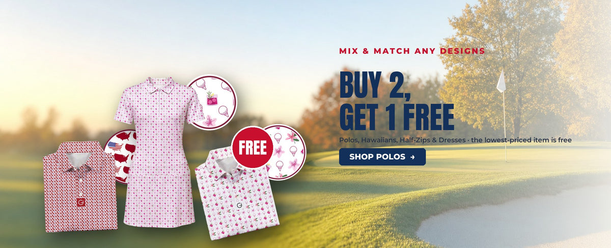 Mix & match any designs. Buy 2, get 1 free. Polos, Hawaiians, half-zips & dresses; the lowest-priced item is free. Shop polos.