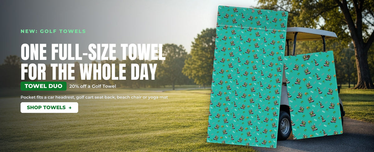 New: golf towels. One full-size towel for the whole day. Towel Duo: 20% off a Golf Towel. Pocket fits a car headrest, golf cart seat back, beach chair or yoga mat. Shop towels.