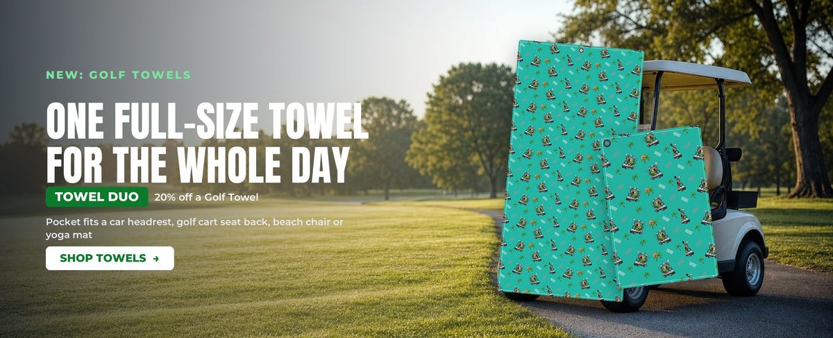 New: golf towels. One full-size towel for the whole day. Towel Duo: 20% off a Golf Towel. Pocket fits a car headrest, golf cart seat back, beach chair or yoga mat. Shop towels.