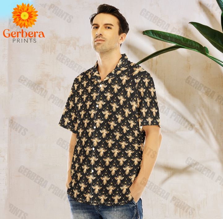 Golden Royal Bees In Black Aloha Hawaiian Shirts For Men and Women HL1154-Gerbera Prints.