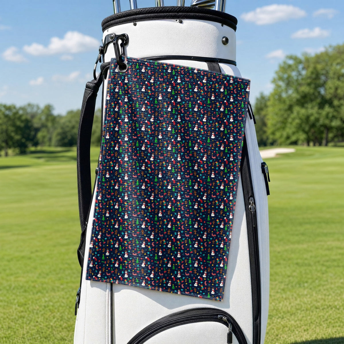 Ho Ho Hole-in-One Golf Towel - Hanging on a Golf Bag