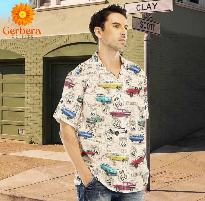 Amazing Vintage Muscle Car On Route 66 Aloha Hawaiian Shirts For Men And For Women HW5796-Gerbera Prints.