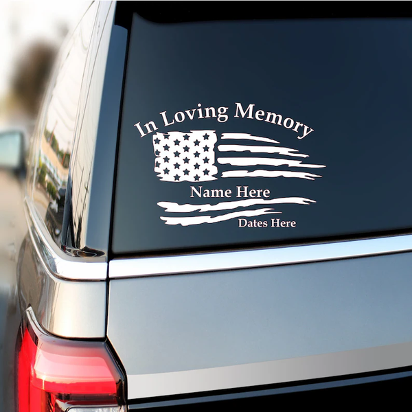 In Loving Memory American Flag Custom Text Vinyl Car Decal Sticker