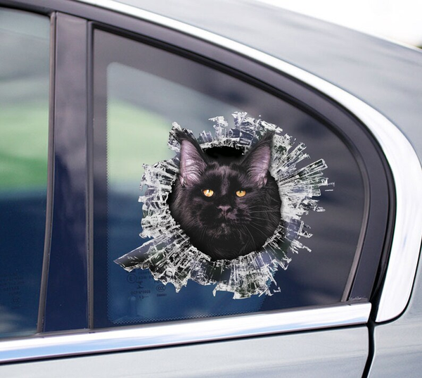 Black Maine Coon Cat Cracked Window 3D Vinyl Car Decal Stickers CCS2911