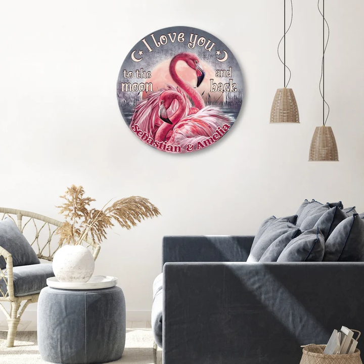 Flamingo Love You To The Moon And Back Custom Round Wood Sign WN1711