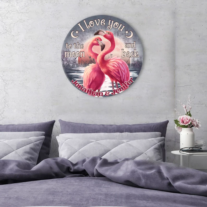 Flamingo Love You To The Moon And Back Custom Round Wood Sign WN1711