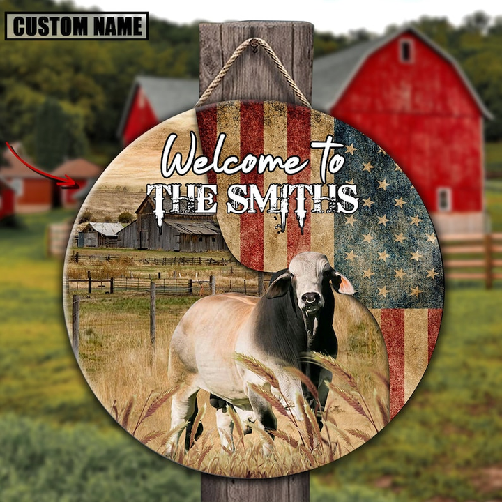 Brahman Cow On The Farm Round American Flag Custom Round Wood Sign