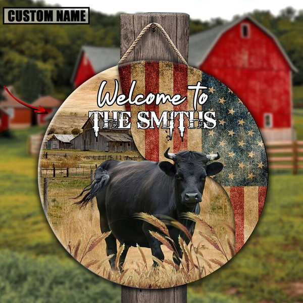 Dexter Cow On The Farm American Flag Custom Round Wood Sign WN1724