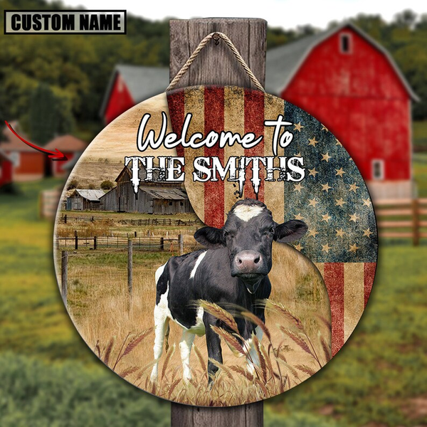 Holstein Cow On The Farm American Flag Custom Round Wood Sign WN1723