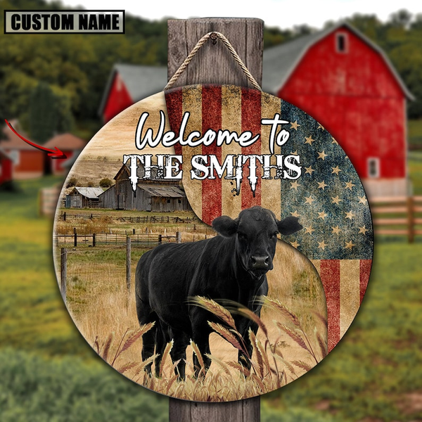 Black Angus Cow On The Farm American Flag Custom Round Wood Sign