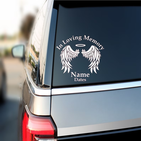 In Loving Memory Angel Wings Memorial Custom Text Vinyl Car Decal Sticker