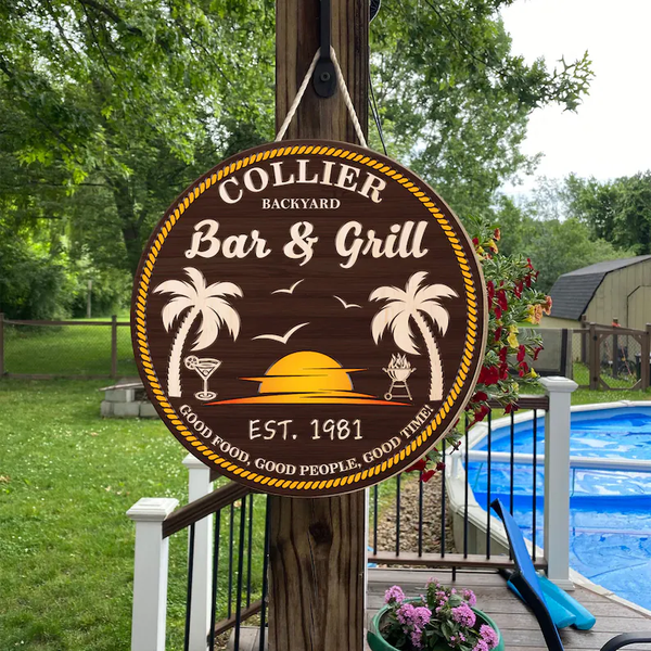 Bar Grill Beach Sunset Palm Trees Custom Round Wood Sign