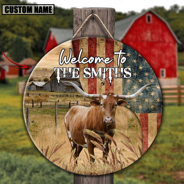 Texas Longhorn Cow On The Farm American Flag Custom Round Wood Sign