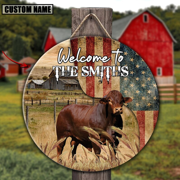 Beefmaster Cow On The Farm American Flag Custom Round Wood Sign WN1722