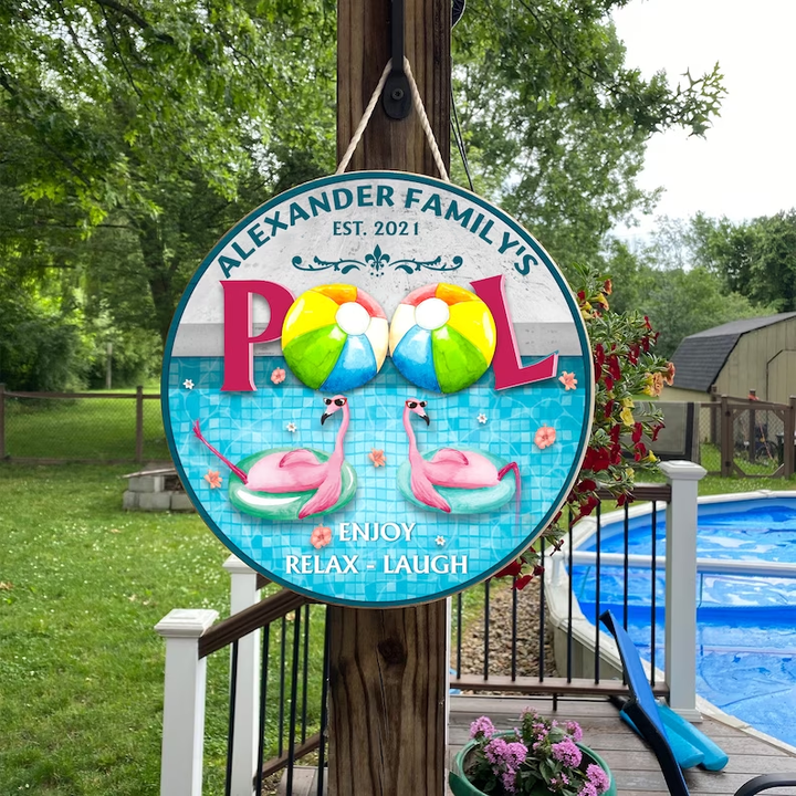 Funny Paradise Flamingo Swimming Pool Custom Round Wood Sign WN1699