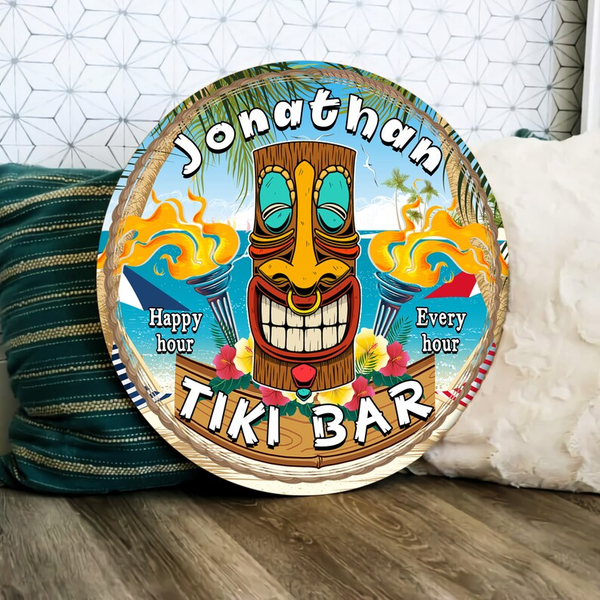 Tiki Bar Happy Hour Custom Round Wood Sign