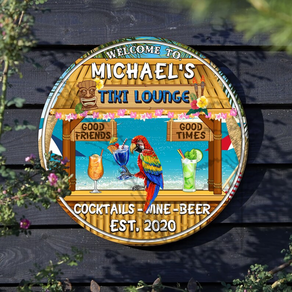 Welcome To Tiki Louge Parrot Custom Round Wood Sign
