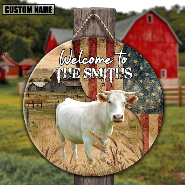 Charolais Cow On The Farm American Flag Custom Round Wood Sign WN1721