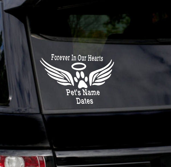 Forever In Our Hearts Dog Cat Pet Memorial Custom Text Vinyl Car Decal Sticker