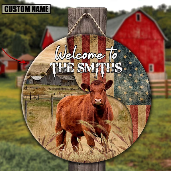Red Angus Cow On The Farm American Flag Custom Round Wood Sign