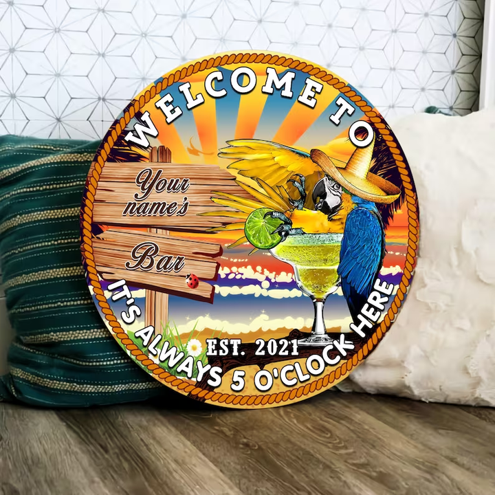 Tiki Bar Sign Five O'clock Parrot Custom Round Wood Sign