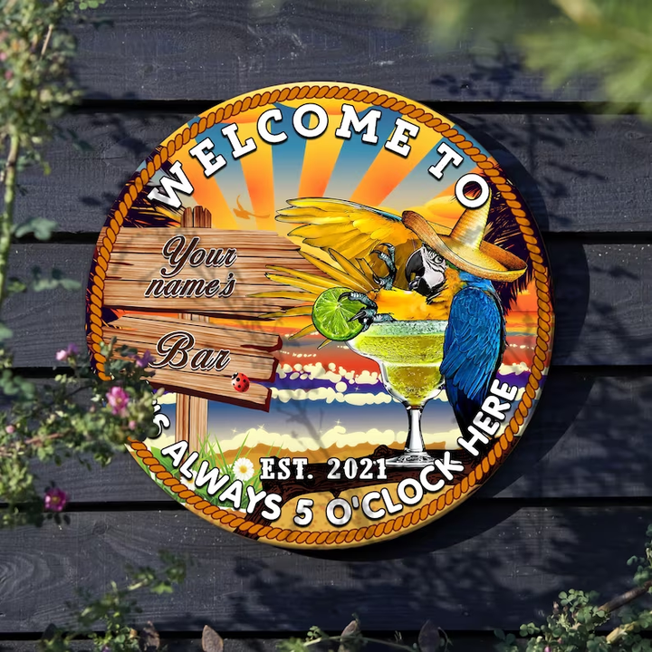 Tiki Bar Sign Five O'clock Parrot Custom Round Wood Sign