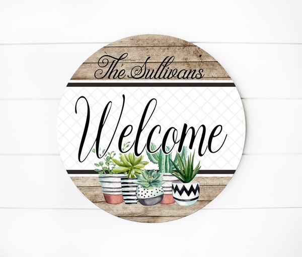 Succulent Welcome Custom Round Wood Sign WN1720