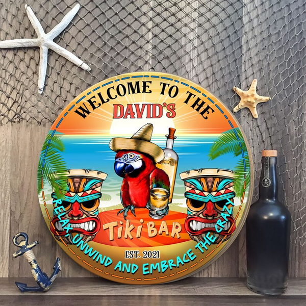 Welcome To Tiki Bar Parrot Custom Round Wood Sign